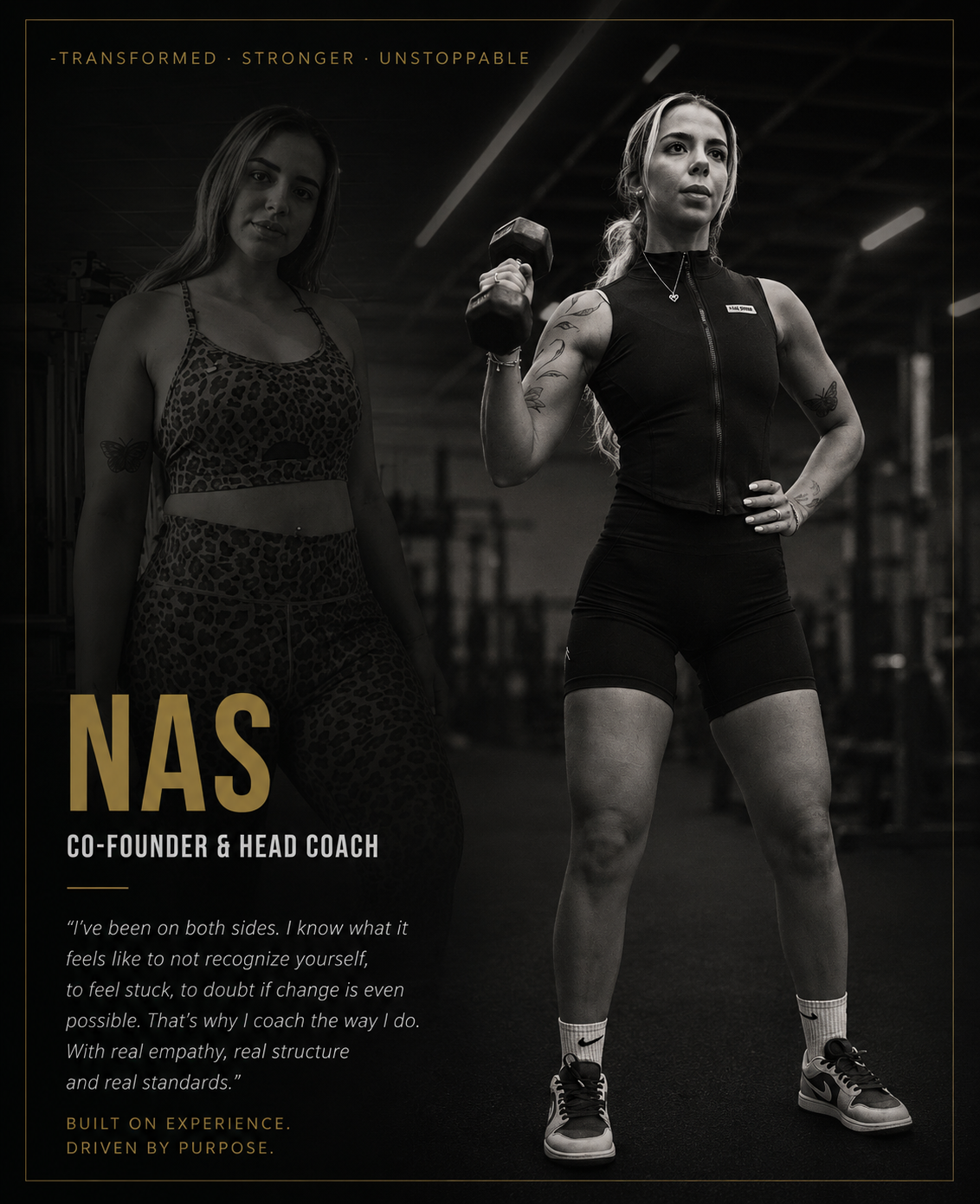 Nas — Co-Founder & Head Coach of Unproven. Transformation editorial portrait.