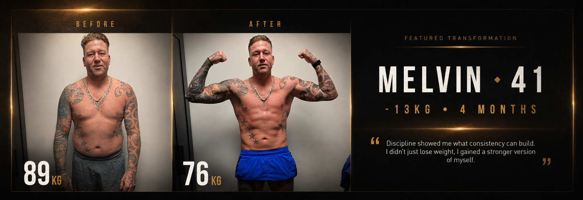 Melvin · 41 — Featured transformation: −13kg in 4 months